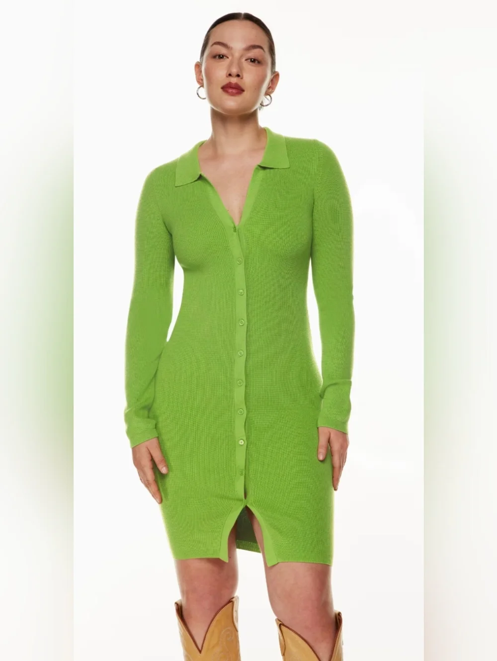 Wilfred Cove Dress Ribbed Button Front Knit Green Aritzia Bodycon - Picture 1 of 8